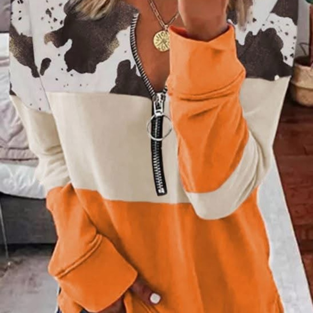 Colorblock Zip Front Pullover with Cow Print (XL)